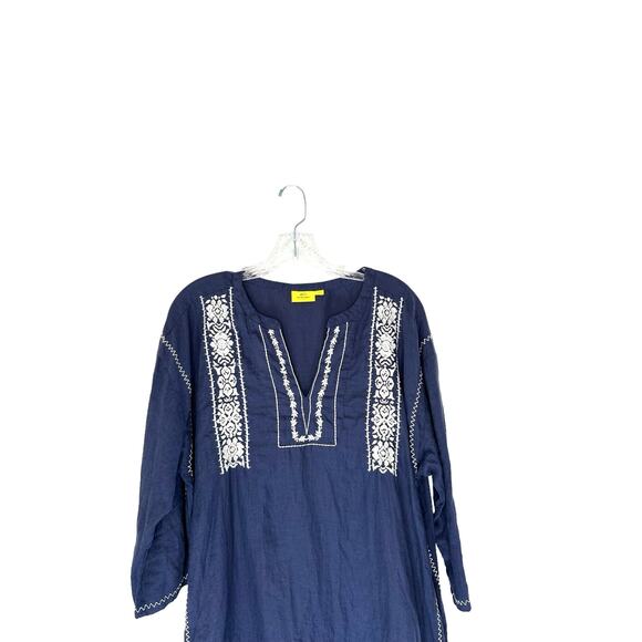 Roller Rabbit Blue White Stitched Lagenlook Boho Relaxed Tunic Dress Size Large - Picture 3 of 13